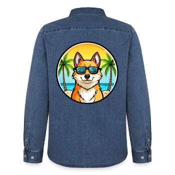 Finnischer Spitz Hund Rasse Cartoon Sonnenbrille Strand - Männer Jeanshemd Organic von Stanley/Stella - verwaschenes Mittelblau  - Hinten - AI Model Male 185 light (185cm)