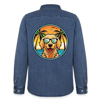 Flach beschichtete Retriever Hunderasse Cartoon Sonnenbrille - Männer Jeanshemd Organic von Stanley/Stella - verwaschenes Mittelblau  - Hinten - AI Model Male 185 light (185cm)