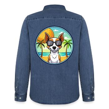 Decker Rat Terrier Hunderasse Cartoon Sonnenbrille - Männer Jeanshemd Organic von Stanley/Stella - verwaschenes Mittelblau  - Hinten - AI Model Male 185 light (185cm)