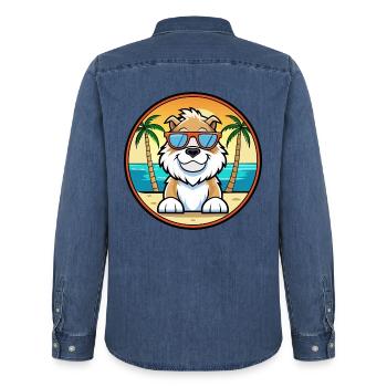 Cumberland Chien de berger Race Cartoon Lunettes de soleil Beach - Chemise en denim homme bio Stanley/Stella - bleu moyen délavé  - Dos - AI Model Male 185 light (185cm)