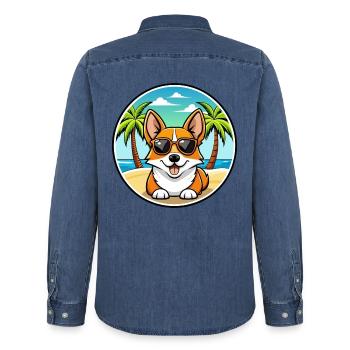 Corgi Hund Rasse Cartoon Sonnenbrille Strand - Männer Jeanshemd Organic von Stanley/Stella - verwaschenes Mittelblau  - Hinten - AI Model Male 185 light (185cm)