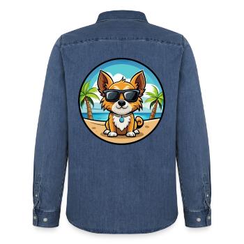 Continental Spielzeug Spaniel Hunderasse Cartoon Strand - Männer Jeanshemd Organic von Stanley/Stella - verwaschenes Mittelblau  - Hinten - AI Model Male 185 light (185cm)