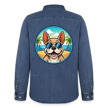 Chien Français Hunderasse Cartoon Sonnenbrille Strand - Männer Jeanshemd Organic von Stanley/Stella - verwaschenes Mittelblau  - Hinten - AI Model Male 185 light (185cm)
