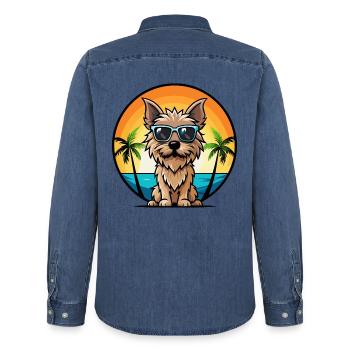 Cairn Terrier Hund Rasse Cartoon Sonnenbrille Strand - Männer Jeanshemd Organic von Stanley/Stella - verwaschenes Mittelblau  - Hinten - AI Model Male 185 light (185cm)