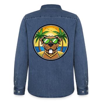 Brasilianische Dogge Hunderasse Cartoon Sonnenbrille Strand - Männer Jeanshemd Organic von Stanley/Stella - verwaschenes Mittelblau  - Hinten - AI Model Male 185 light (185cm)