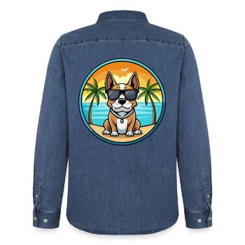 Braque Auvergne Chien Race Dessin Animé Lunettes de Soleil Plage - Chemise en denim homme bio Stanley/Stella - bleu moyen délavé  - Dos - AI Model Male 185 light (185cm)