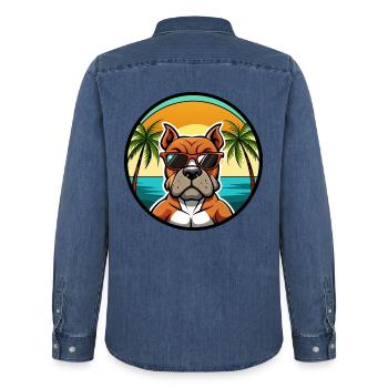 Boxer Hund Rasse Cartoon Sonnenbrille Strand - Männer Jeanshemd Organic von Stanley/Stella - verwaschenes Mittelblau  - Hinten - AI Model Male 185 light (185cm)