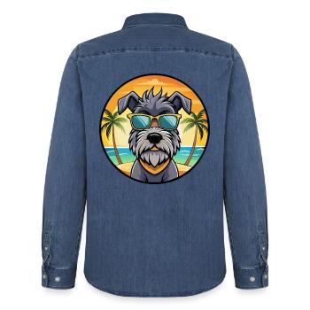 Bouvier Des Ardennes Hunderasse Cartoon Sonnenbrille - Männer Jeanshemd Organic von Stanley/Stella - verwaschenes Mittelblau  - Hinten - AI Model Male 185 light (185cm)