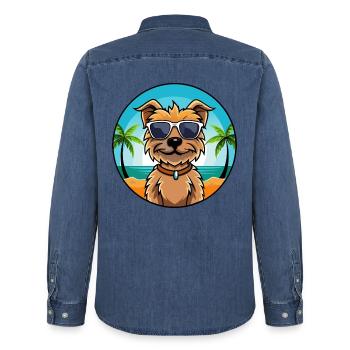 Border Terrier Hund Rasse Cartoon Sonnenbrille Strand - Männer Jeanshemd Organic von Stanley/Stella - verwaschenes Mittelblau  - Hinten - AI Model Male 185 light (185cm)