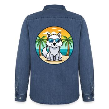 Amerikanischer Eskimo Hund Rasse Cartoon Sonnenbrille Strand - Männer Jeanshemd Organic von Stanley/Stella - verwaschenes Mittelblau  - Hinten - AI Model Male 185 light (185cm)