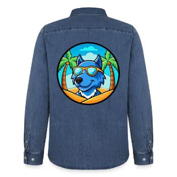 Blaue Spitzenhunderasse Cartoon Sonnenbrille Strand - Männer Jeanshemd Organic von Stanley/Stella - verwaschenes Mittelblau  - Hinten - AI Model Male 185 light (185cm)