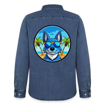 Blue Heeler Hunderasse Cartoon Sonnenbrille Strand - Männer Jeanshemd Organic von Stanley/Stella - verwaschenes Mittelblau  - Hinten - AI Model Male 185 light (185cm)