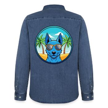Blaue thailändische Ridgeback Hunderasse Cartoon Sonnenbrille - Männer Jeanshemd Organic von Stanley/Stella - verwaschenes Mittelblau  - Hinten - AI Model Male 185 light (185cm)