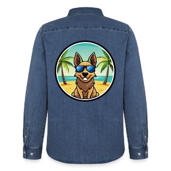 Australian Cattle Dog Rasse Cartoon Sonnenbrille Strand - Männer Jeanshemd Organic von Stanley/Stella - verwaschenes Mittelblau  - Hinten - AI Model Male 185 light (185cm)