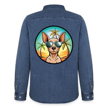Amerikanischer haarloser Terrier Hunderasse Cartoon Beach - Männer Jeanshemd Organic von Stanley/Stella - verwaschenes Mittelblau  - Hinten - AI Model Male 185 light (185cm)