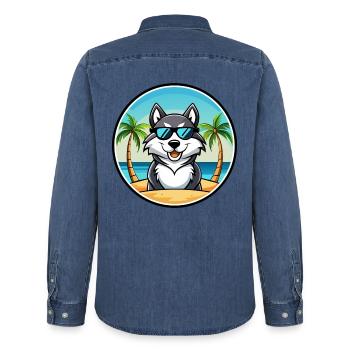 Alaskan Malamute Hunderasse Cartoon Sonnenbrille Strand - Männer Jeanshemd Organic von Stanley/Stella - verwaschenes Mittelblau  - Hinten - AI Model Male 185 light (185cm)