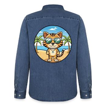 Toyger Katze Rasse Cartoon Kawaii Sonnenbrille Strand - Männer Jeanshemd Organic von Stanley/Stella - verwaschenes Mittelblau  - Hinten - AI Model Male 185 light (185cm)