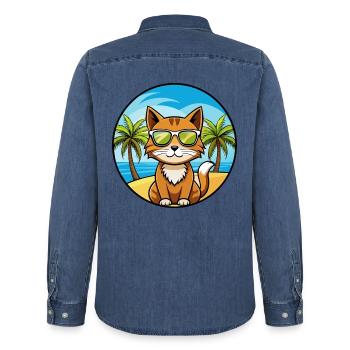 Havanna Braun Katze Rasse Cartoon Sonnenbrille Strand - Männer Jeanshemd Organic von Stanley/Stella - verwaschenes Mittelblau  - Hinten - AI Model Male 185 light (185cm)
