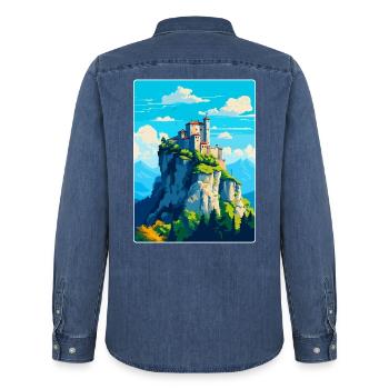 San Marino Vintage Reise Poster Souvenir Souvenir - Männer Jeanshemd Organic von Stanley/Stella - verwaschenes Mittelblau  - Hinten - AI Model Male 185 light (185cm)