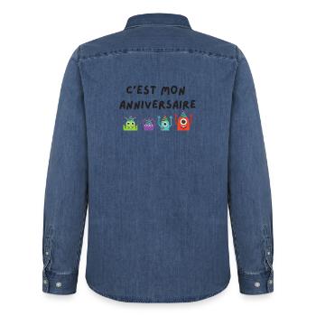 c'est mon anniversaire monstre - Chemise en denim homme bio Stanley/Stella - bleu moyen délavé  - Dos - AI Model Male 185 light (185cm)
