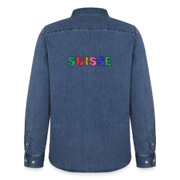 SUISSE. PAYS. GENEVE. HUMOUR. DRAPEAU. GENEVE - Chemise en denim homme bio Stanley/Stella - bleu moyen délavé  - Dos - AI Model Male 185 light (185cm)