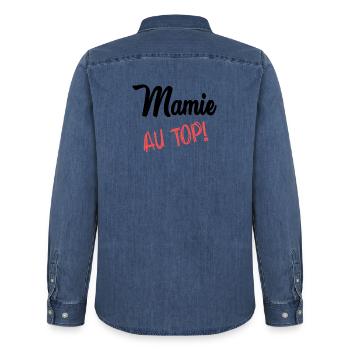 MAMIE. FÊTE DES MÈRES. BONNE FÊTE MAMIE - Chemise en denim homme bio Stanley/Stella - bleu moyen délavé  - Dos - AI Model Male 185 light (185cm)