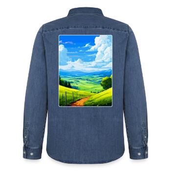 Bergisches Land Allemagne Affiche de voyage vintage WPA - Chemise en denim homme bio Stanley/Stella - bleu moyen délavé  - Dos - AI Model Male 185 light (185cm)