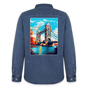 Tower Bridge England Uk Reise Poster Souvenir WPA - Männer Jeanshemd Organic von Stanley/Stella - verwaschenes Mittelblau  - Hinten - AI Model Male 185 light (185cm)