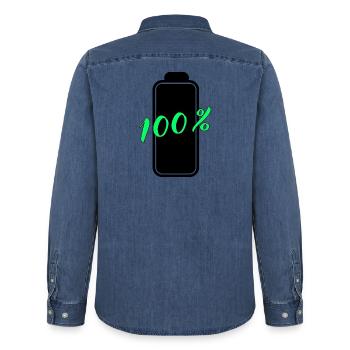 Battery has 100% full energy - Men’s Organic Denim Shirt by Stanley/Stella - mid washy  - Back - AI Model Male 185 light (185cm)