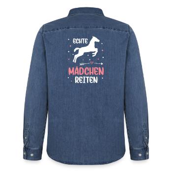 Echte Mädchen Reiten Pferde Mädchen - Männer Jeanshemd Organic von Stanley/Stella - verwaschenes Mittelblau  - Hinten - AI Model Male 185 light (185cm)