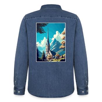 Lourdes Frankreich Vintage Reiseposter WPA Souvenir - Männer Jeanshemd Organic von Stanley/Stella - verwaschenes Mittelblau  - Hinten - AI Model Male 185 light (185cm)