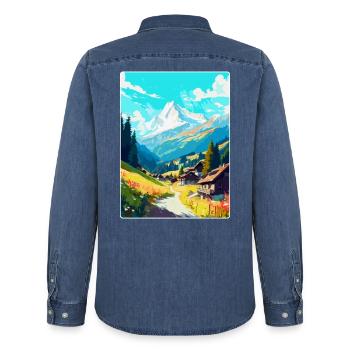 Mayrofen, Autriche, Affiche de voyage vintage, souvenir - Chemise en denim homme bio Stanley/Stella - bleu moyen délavé  - Dos - AI Model Male 185 light (185cm)