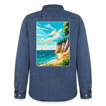 Rugen Island Allemagne Affiche de voyage vintage WPA Art - Chemise en denim homme bio Stanley/Stella - bleu moyen délavé  - Dos - AI Model Male 185 light (185cm)