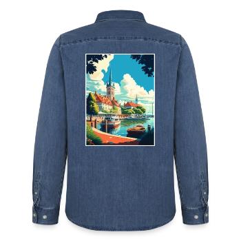 Rügeninsel Deutschland Vintage Reiseposter WPA Kunst - Männer Jeanshemd Organic von Stanley/Stella - verwaschenes Mittelblau  - Hinten - AI Model Male 185 light (185cm)