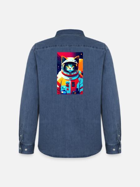 Chat astronaute - Chemise en denim homme bio Stanley/Stella - bleu moyen délavé