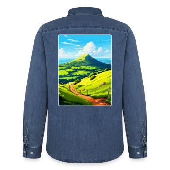 Duncryne Hill Stirling Vintage Reiseposter WPA - Männer Jeanshemd Organic von Stanley/Stella - verwaschenes Mittelblau  - Hinten - AI Model Male 185 light (185cm)
