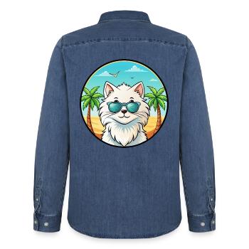Weiße Langhaarkatze Persische Katze Rasse Cartoon Strand - Männer Jeanshemd Organic von Stanley/Stella - verwaschenes Mittelblau  - Hinten - AI Model Male 185 light (185cm)