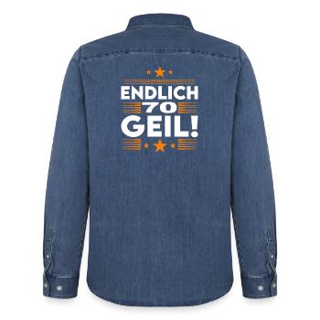 Endlich 70 Geil Geburtstag Birthday - Männer Jeanshemd Organic von Stanley/Stella - verwaschenes Mittelblau  - Hinten - AI Model Male 185 light (185cm)