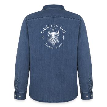 Dämonischer Teufel „Unholy since birth" - Gothic - Männer Jeanshemd Organic von Stanley/Stella - verwaschenes Mittelblau  - Hinten - AI Model Male 185 light (185cm)