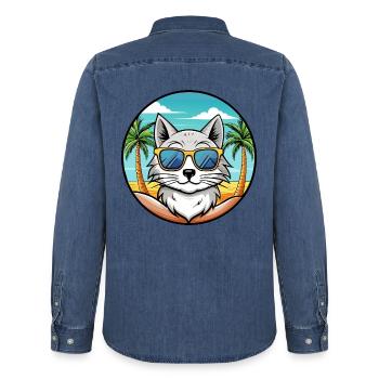 Lunettes de soleil de plage de race de chat angora turc - Chemise en denim homme bio Stanley/Stella - bleu moyen délavé  - Dos - AI Model Male 185 light (185cm)
