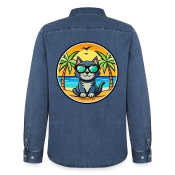 Bombay Cat Breed Dessin animé Lunettes de soleil Plage - Chemise en denim homme bio Stanley/Stella - bleu moyen délavé  - Dos - AI Model Male 185 light (185cm)