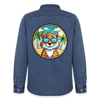 Tiger Katze Rasse Cartoon Sonnenbrille Strand - Männer Jeanshemd Organic von Stanley/Stella - verwaschenes Mittelblau  - Hinten - AI Model Male 185 light (185cm)