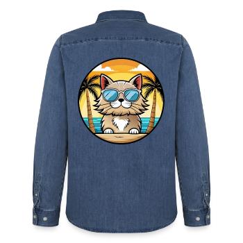 Selkirk Rex Cat Breed Cartoon Lunettes de soleil Beach - Chemise en denim homme bio Stanley/Stella - bleu moyen délavé  - Dos - AI Model Male 185 light (185cm)