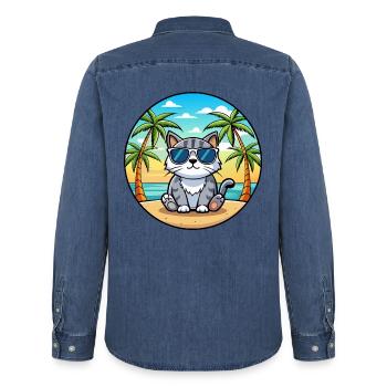 Schottische Falte Katzenrasse Cartoon Sonnenbrille Strand - Männer Jeanshemd Organic von Stanley/Stella - verwaschenes Mittelblau  - Hinten - AI Model Male 185 light (185cm)