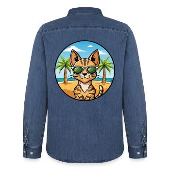 Savannah Katzenrasse Cartoon Sonnenbrille Strand - Männer Jeanshemd Organic von Stanley/Stella - verwaschenes Mittelblau  - Hinten - AI Model Male 185 light (185cm)