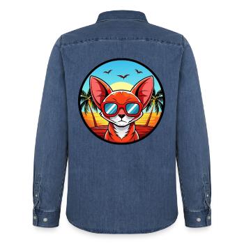 Rote Devon Rex Katzenrasse Cartoon Sonnenbrille Strand - Männer Jeanshemd Organic von Stanley/Stella - verwaschenes Mittelblau  - Hinten - AI Model Male 185 light (185cm)