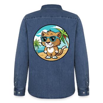 Baby Katze Rasse Cartoon Sonnenbrille Strand - Männer Jeanshemd Organic von Stanley/Stella - verwaschenes Mittelblau  - Hinten - AI Model Male 185 light (185cm)
