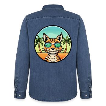 Ocicat Breed Cartoon Sonnenbrille Strand - Männer Jeanshemd Organic von Stanley/Stella - verwaschenes Mittelblau  - Hinten - AI Model Male 185 light (185cm)