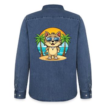 Kurilian Bobtail Cat Breed Cartoon Sunglass Beach - Chemise en denim homme bio Stanley/Stella - bleu moyen délavé  - Dos - AI Model Male 185 light (185cm)
