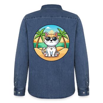 Koreanische Bobtail Katzenrasse Cartoon Sonnenbrille Strand - Männer Jeanshemd Organic von Stanley/Stella - verwaschenes Mittelblau  - Hinten - AI Model Male 185 light (185cm)